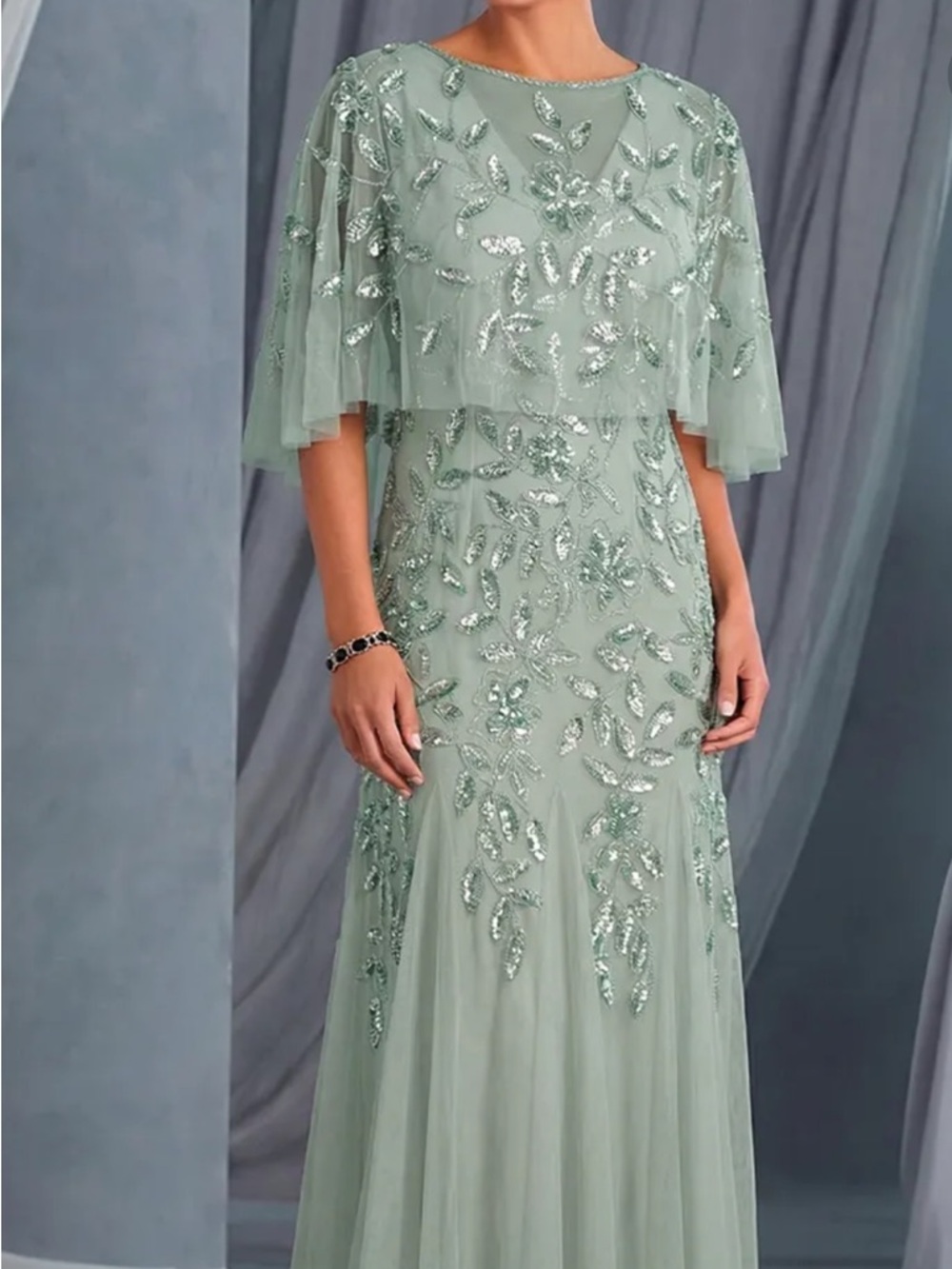 Embroidered Sage Green Evening Dress with Capelet